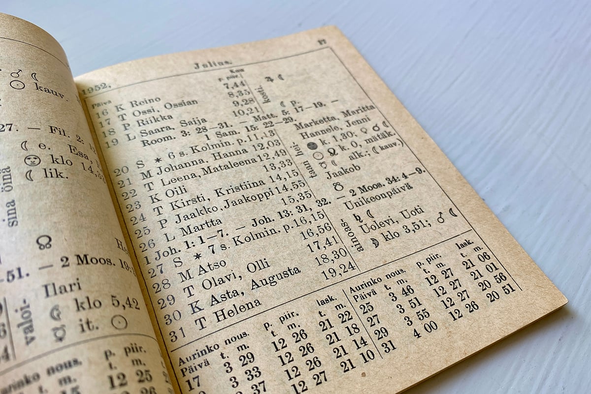 Heinäkuun aukeama vuoden 1952 almanakassa.