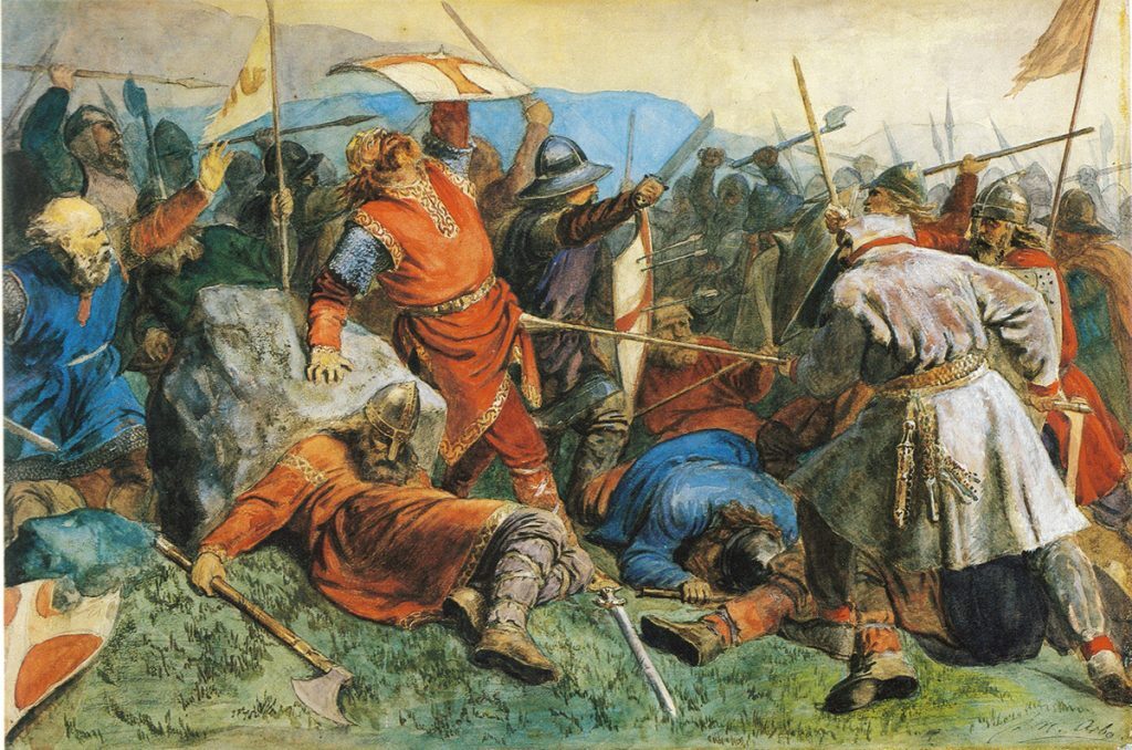 Slaget på Stiklestad - Olav den hellige blir drept av Tore Hund. Av Peter Nicolai Arbo (1859).