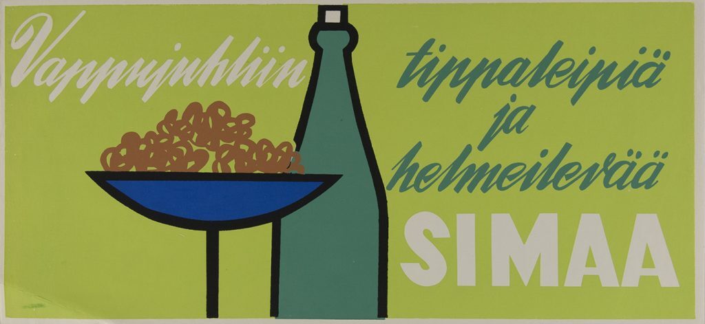 Vappujuhliin tippaleipiä ja helmeilevää simaa. Vaaleanvihreällä tausalla oleva juliste vuodelta 1957 