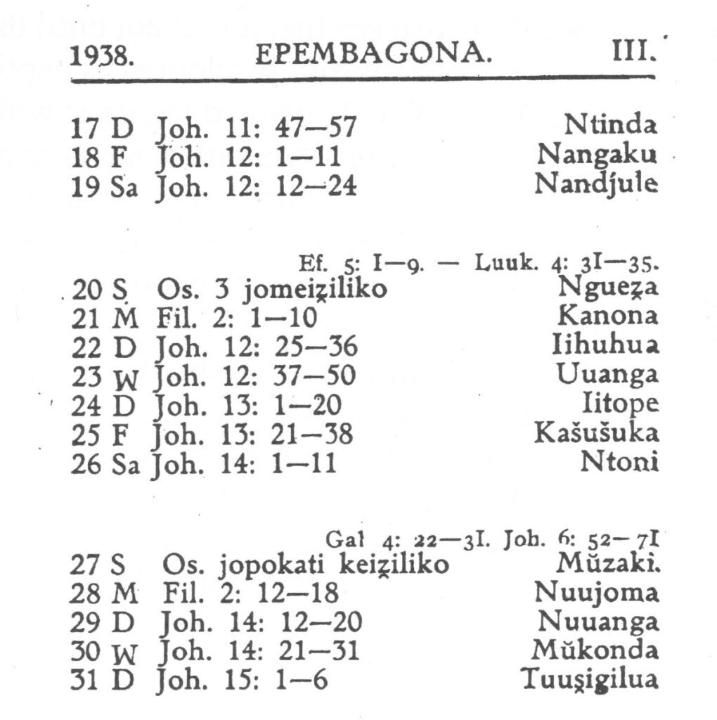 Ote vuoden 1938 amboalmanakasta. Riveillä on päivämäärä, viikonpäivä, raamatunjae sekä päivän nimi.