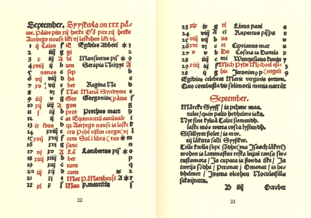 Syyskuun aukeama Mikael Agricolan Rukouskirjassa (1544). Kuvattu vuonna 1987 julkaistusta uudistetusta näköispainoksesta, joka on valmistettu Kotimaisten kielten tutkimuskeskuksen ja WSOY:n yhteistyönä.