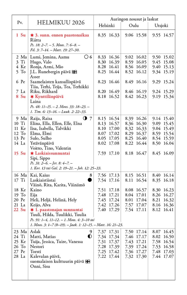 Kalenteri 2026 helmikuu