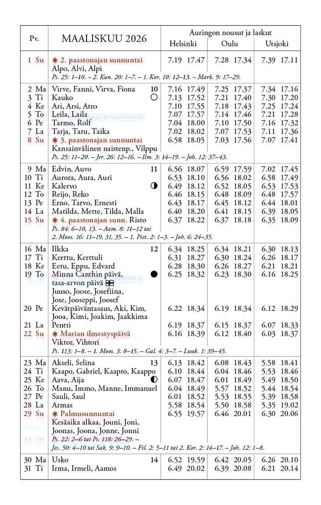 Kalenteri 2026 maaliskuu