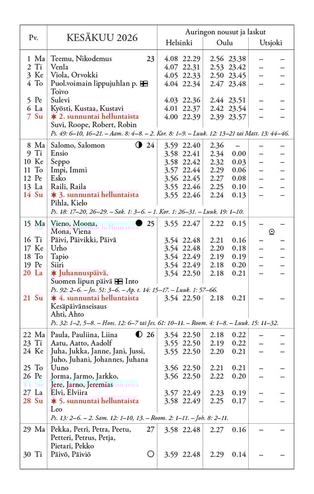 Kalenteri 2026 kesäkuu