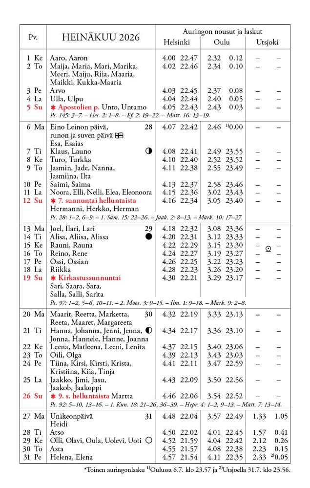 Kalenteri 2026 heinäkuu