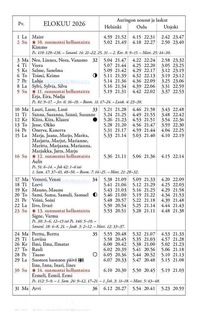 Kalenteri 2026 elokuu
