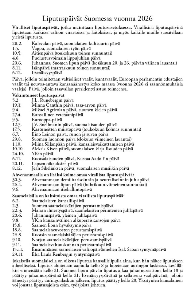 Liputuspäivät Suomessa vuonna 2026