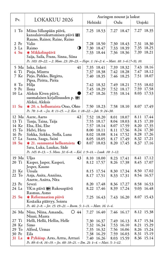 Kalenteri 2026 lokakuu