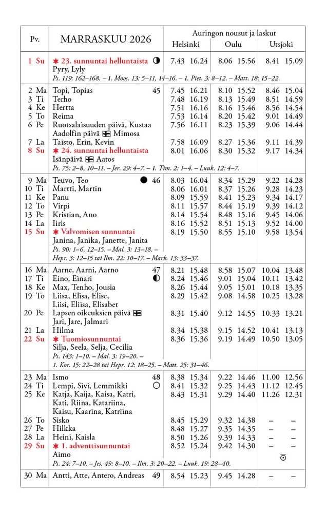 Kalenteri 2026 marraskuu