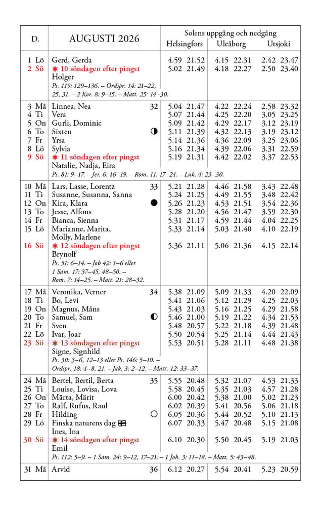 Kalender 2026 augusti
