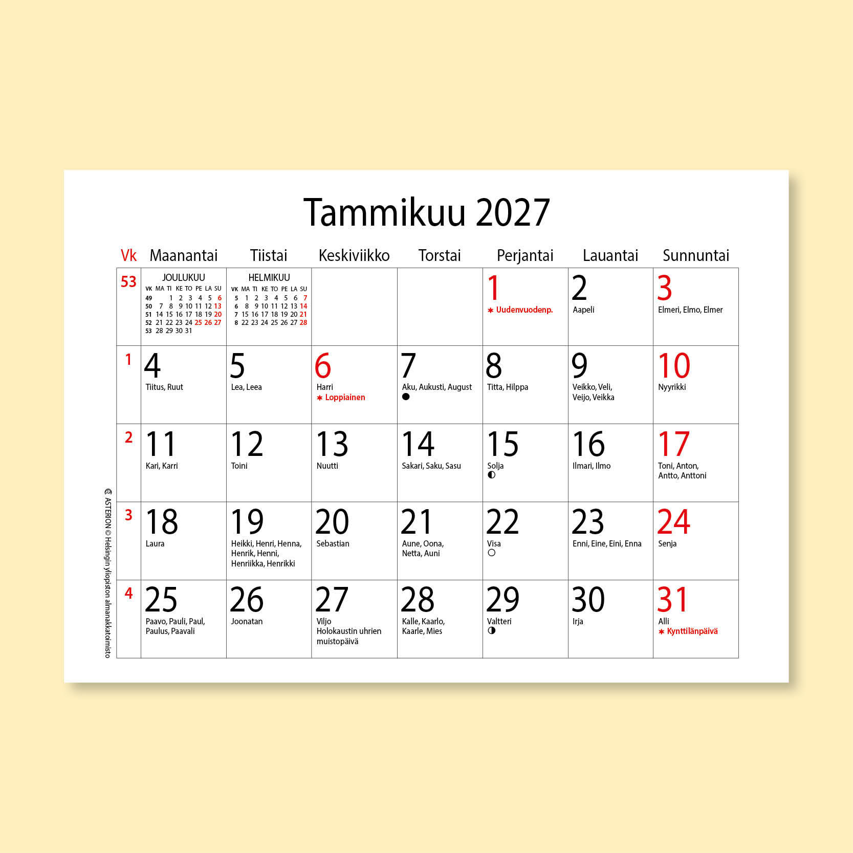 Asterion perusmalli 2027 pikkukuukausin kaikki nimet (suomi)