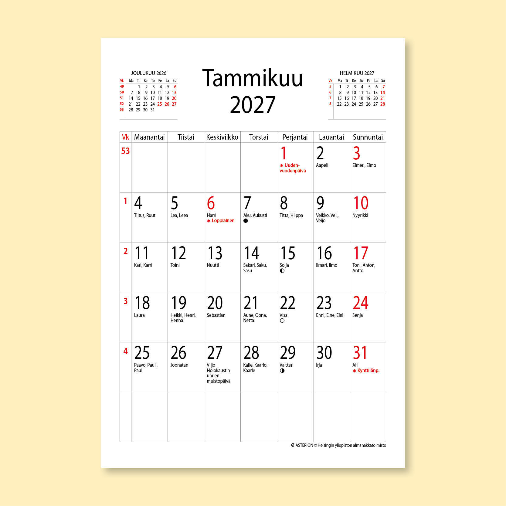 Asterion pysty 2027 A4 pikkukuukausin (suomi)