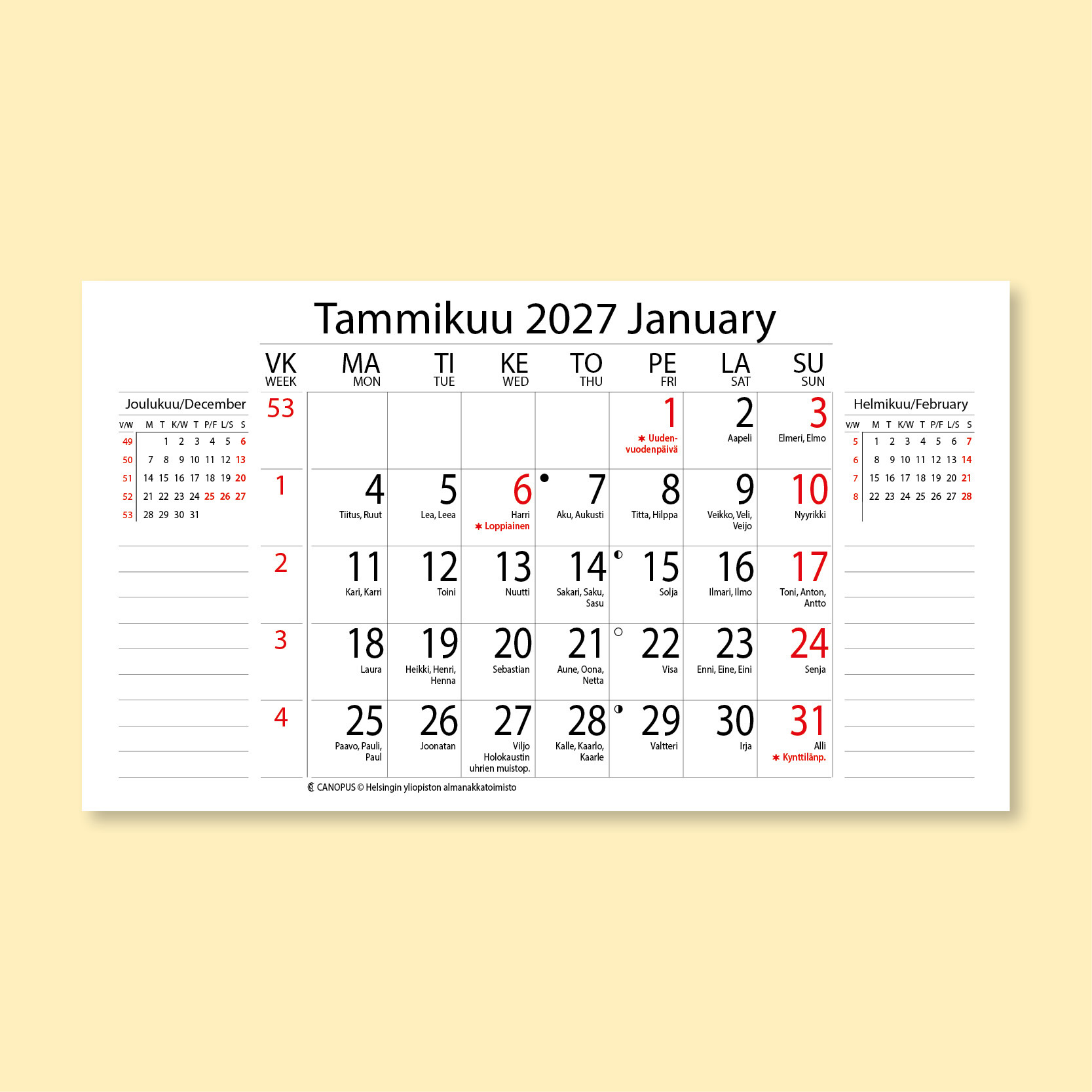 Canopus perusmalli 2027 pikkukuukausin (suomi-englanti)