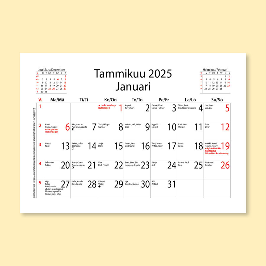 Kaksikielinen seinäkalenteripohja Asterion keskimatala (suomi + ruotsi)