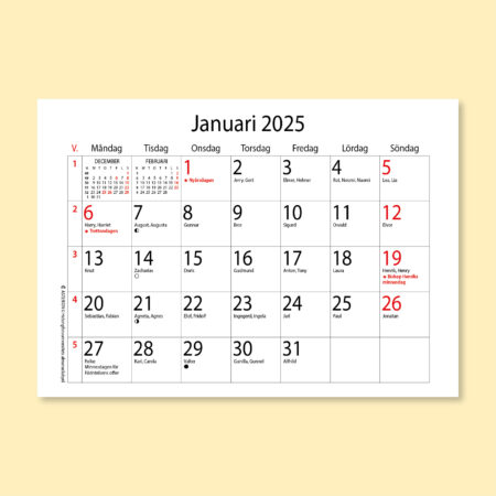 Ruotsinkielinen seinäkalenteripohja Asterion perusmalli pikkukuukausin