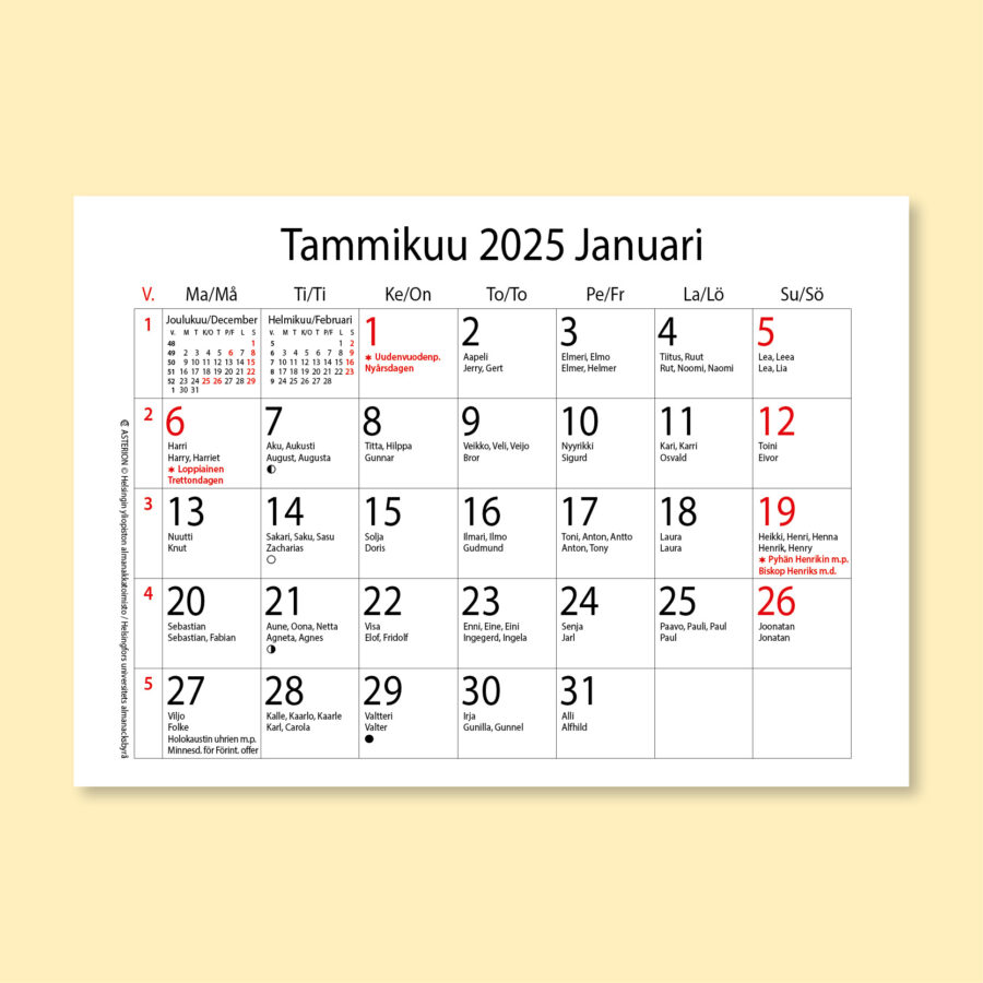 Kaksikielinen seinäkalenteripohja Asterion perusmalli pikkukuukausin (suomi + ruotsi)
