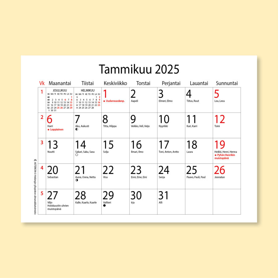 Suomenkielinen seinäkalenteripohja Asterion perusmalli pikkukuukausin vuodelle 2025, tuotekuva